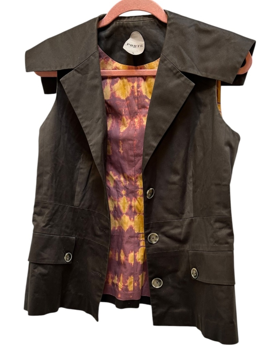 PORTS 1961 chocolate brown orange tie dye IKAT lined safari vest 10